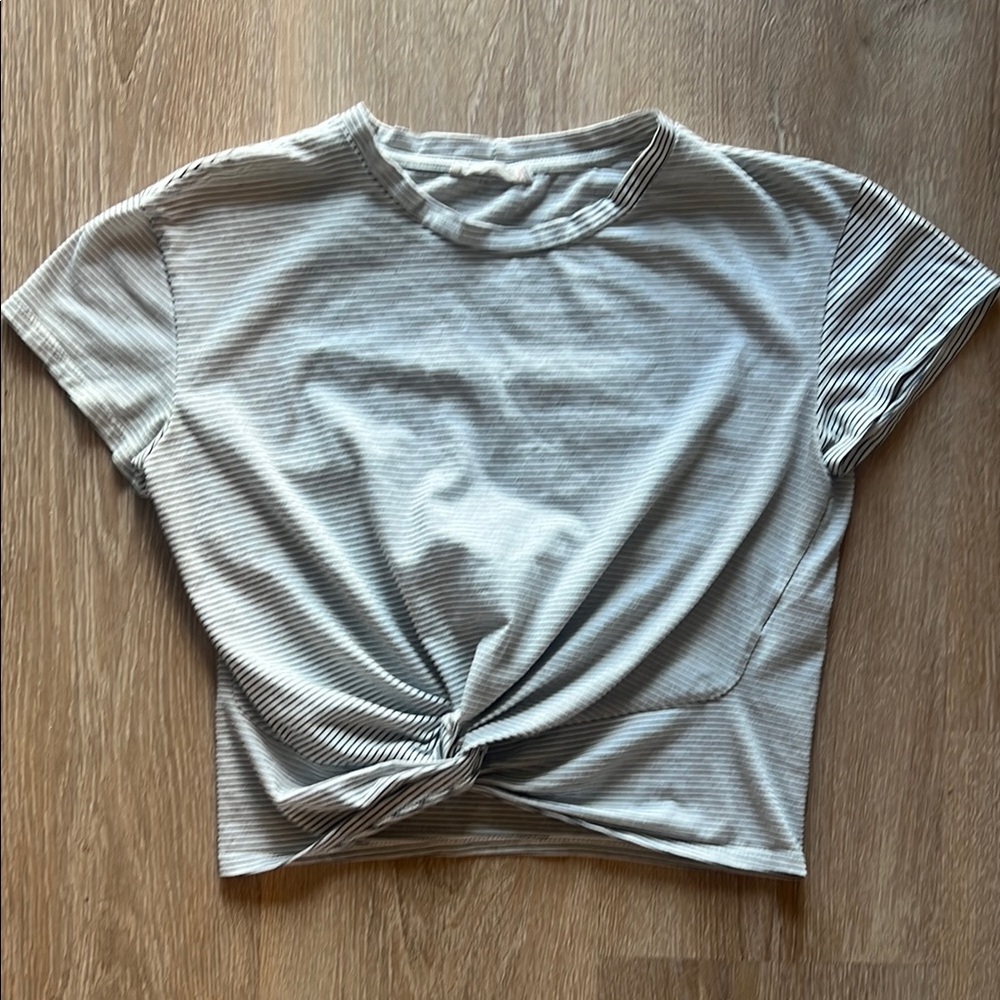 Lush Striped Gray Knot Front Women's Top